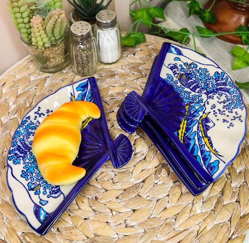 Ebros Gift Ebros Pack Of 4 Colorful Oriental Folding Fan Shaped Appetizer Sushi Dessert Serving Dish Plates Decorative Asian Artistic Dinner Lunch Serveware Plate Set White And Blue Hokusai The Great Wave - Image 1