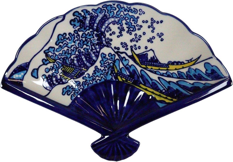 Ebros Gift Ebros Pack Of 4 Colorful Oriental Folding Fan Shaped Appetizer Sushi Dessert Serving Dish Plates Decorative Asian Artistic Dinner Lunch Serveware Plate Set White And Blue Hokusai The Great Wave - Image 4