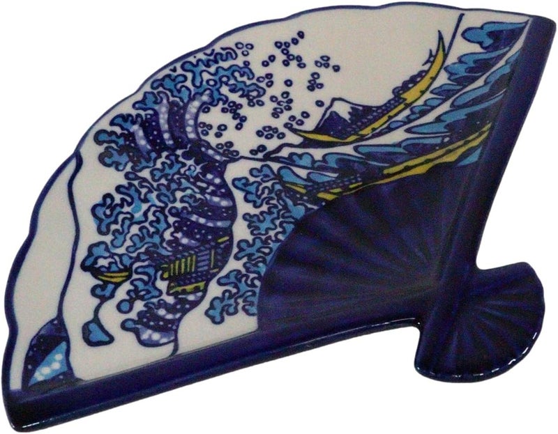 Ebros Gift Ebros Pack Of 4 Colorful Oriental Folding Fan Shaped Appetizer Sushi Dessert Serving Dish Plates Decorative Asian Artistic Dinner Lunch Serveware Plate Set White And Blue Hokusai The Great Wave - Image 3