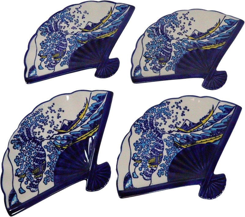 Ebros Gift Ebros Pack Of 4 Colorful Oriental Folding Fan Shaped Appetizer Sushi Dessert Serving Dish Plates Decorative Asian Artistic Dinner Lunch Serveware Plate Set White And Blue Hokusai The Great Wave - Image 2