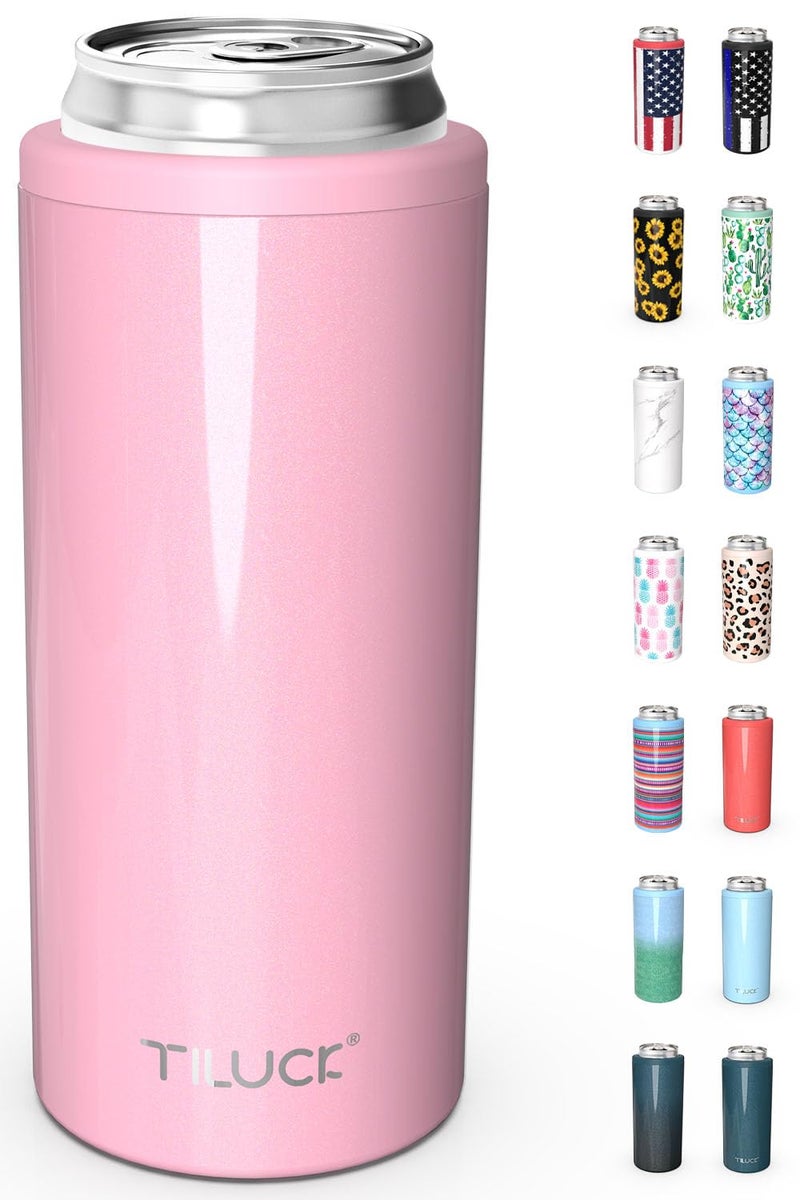 TILUCK Skinny Can Cooler for Slim Beer & Hard Seltzer, Stainless Steel, Doucle-Walled Stainless Steel Insulated Slim Cans, Standard 12 oz (Glitter Blush) - Image 1