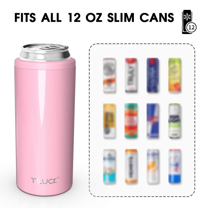 TILUCK Skinny Can Cooler for Slim Beer & Hard Seltzer, Stainless Steel, Doucle-Walled Stainless Steel Insulated Slim Cans, Standard 12 oz (Glitter Blush) - Image 3