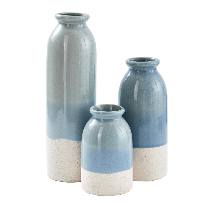 OTARTU Blue Ceramic Vase 3 Sets,Farmhouse Vase for Country Home Decoration, Tabletop Decor, Bookcase, Fireplace and Entrance Decoration. - Image 1