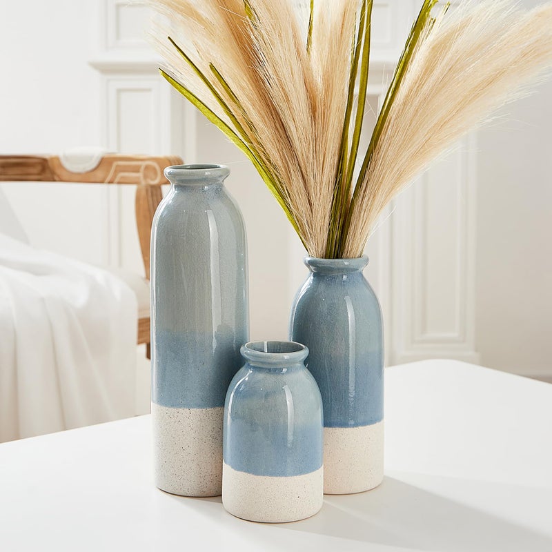 OTARTU Blue Ceramic Vase 3 Sets,Farmhouse Vase for Country Home Decoration, Tabletop Decor, Bookcase, Fireplace and Entrance Decoration. - Image 3