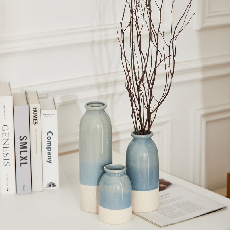 OTARTU Blue Ceramic Vase 3 Sets,Farmhouse Vase for Country Home Decoration, Tabletop Decor, Bookcase, Fireplace and Entrance Decoration. - Image 4