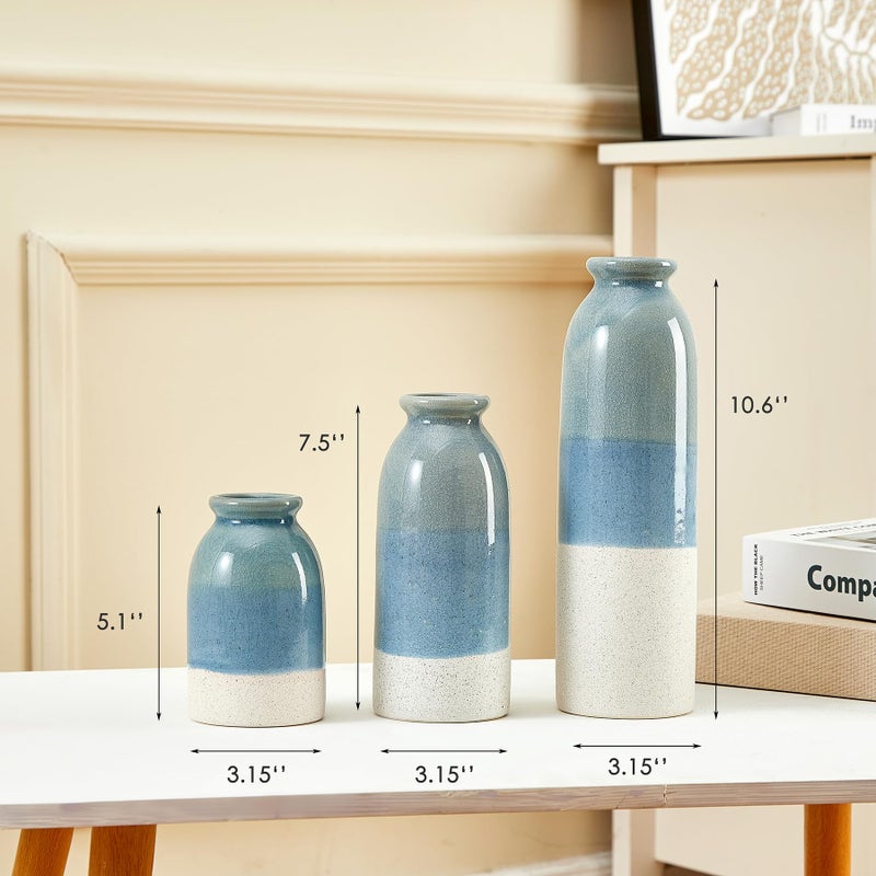 OTARTU Blue Ceramic Vase 3 Sets,Farmhouse Vase for Country Home Decoration, Tabletop Decor, Bookcase, Fireplace and Entrance Decoration. - Image 2