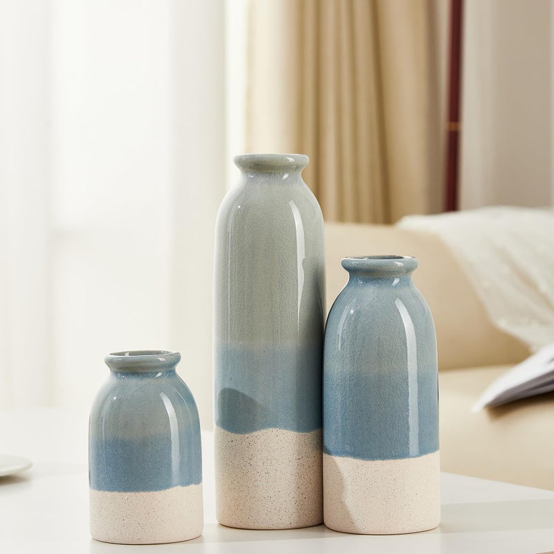 OTARTU Blue Ceramic Vase 3 Sets,Farmhouse Vase for Country Home Decoration, Tabletop Decor, Bookcase, Fireplace and Entrance Decoration. - Image 5