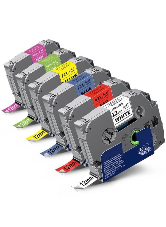 Topcolor 6-Pack 12mm 0.47" Multi-Color Label Tape Compatible for Brother Tze431 Tze531 Tze631 Tze MQG35 MQP35 P Touch Tze Tz Tape 12mm 0.47" Laminated White for PTH110 PTD220 PTD210 PTD400 PTD610BT - Image 1