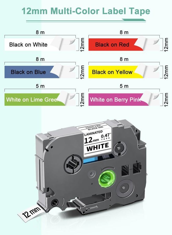 Topcolor 6-Pack 12mm 0.47" Multi-Color Label Tape Compatible for Brother Tze431 Tze531 Tze631 Tze MQG35 MQP35 P Touch Tze Tz Tape 12mm 0.47" Laminated White for PTH110 PTD220 PTD210 PTD400 PTD610BT - Image 2