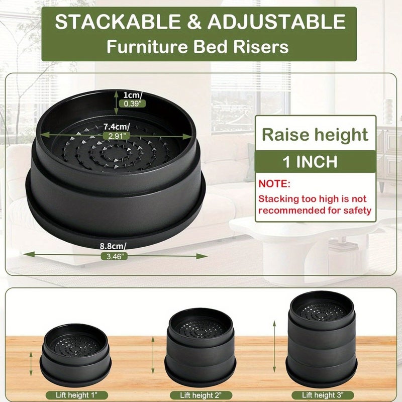 4 Pack 2 Inch Furniture Risers Heavy Duty Adjustable Bed Risers Round Stackable Lifts For Desk Leg Table Couch Sofa Chair Bed Frame Dorm Black - Image 2
