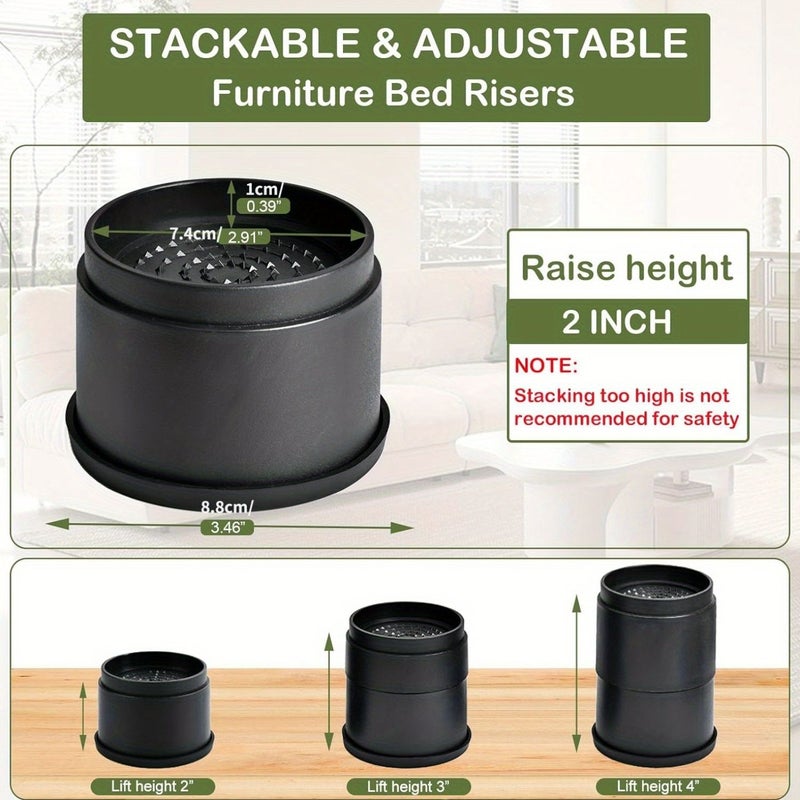 4 Pack 2 Inch Furniture Risers Heavy Duty Adjustable Bed Risers Round Stackable Lifts For Desk Leg Table Couch Sofa Chair Bed Frame Dorm Black - Image 3