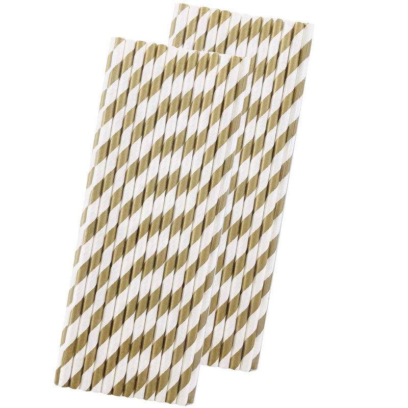 Outside the Box Pape Striped Paper Straws - Gold White - Christmas Holiday Wedding Anniversary Supply - 7.75 Inches - 50 Pack - Outside the Box Papers Brand - Image 1