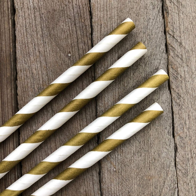 Outside the Box Pape Striped Paper Straws - Gold White - Christmas Holiday Wedding Anniversary Supply - 7.75 Inches - 50 Pack - Outside the Box Papers Brand - Image 2