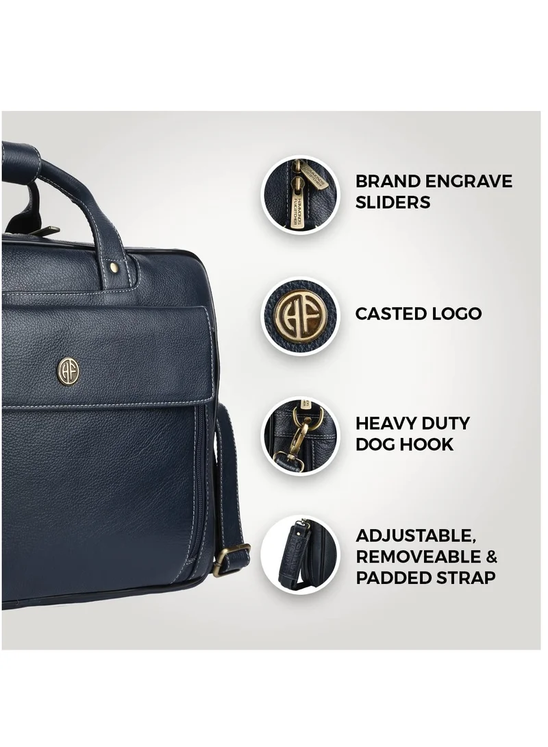 HAMMONDS FLYCATCHER Leather Laptop Bag for Men - Office Bag, Dark Blue - Fits 14/15.6/16 Inch Laptop/MacBook - Expandable, Water Resistant - Shoulder Bag with Trolley Strap - Big size