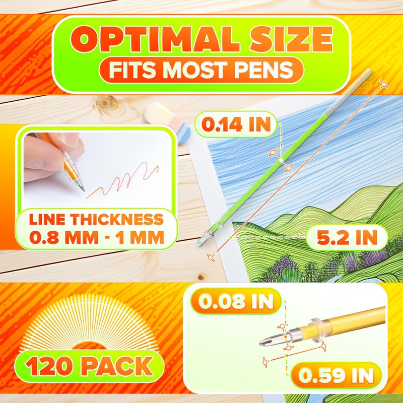 MYCRITEE 120 Pcs Glitter Gel Pen Refills for Adult Coloring - Colored Gel Pens Refills, 0.8-1.0 mm Thick Line, Good for Coloring, DIY, Scrapbook, Card & Decor - Pastel, Metal, Neon & Glitter Colors - Image 2