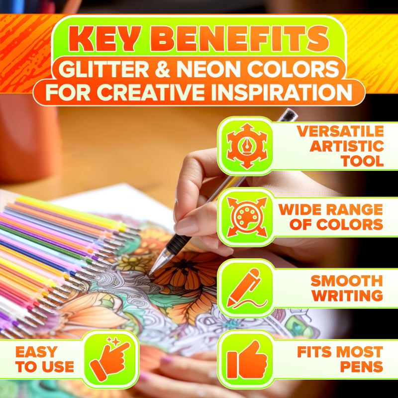 MYCRITEE 120 Pcs Glitter Gel Pen Refills for Adult Coloring - Colored Gel Pens Refills, 0.8-1.0 mm Thick Line, Good for Coloring, DIY, Scrapbook, Card & Decor - Pastel, Metal, Neon & Glitter Colors - Image 4