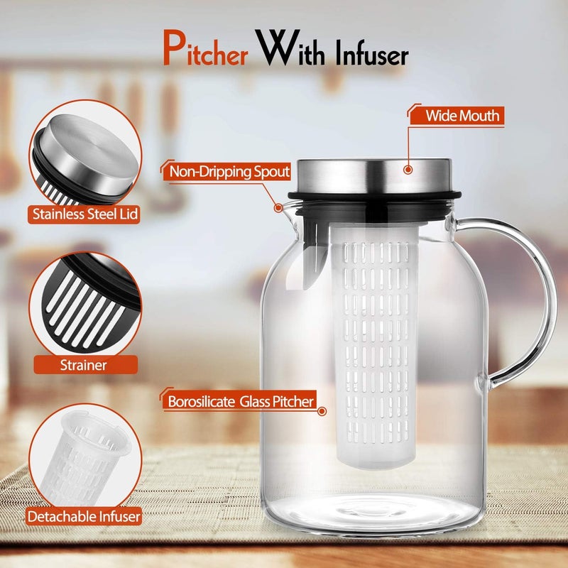 Hiware Glass Water Pitcher, Fruit Infuser Pitcher with Removable Lid, High Heat Resistance Infusion Carafe for Hot/Cold Water, Flavor-Infused Beverage & Iced Tea - 2 Qt - Image 2