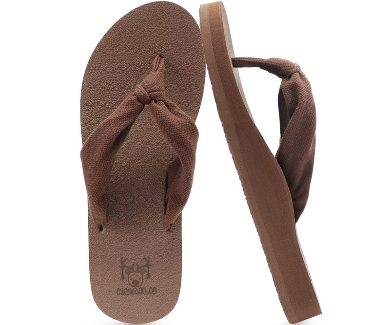 KuaiLu Flip Flops Women Arch Support Yoga Mat Comfortable Summer Beach Walking Thong Cushion Sandals Slip on Pool Outfits Travel Essentials Orthotic Slides Indoor Outdoor Slippers Shoes Brown Size 9.5 - Image 1