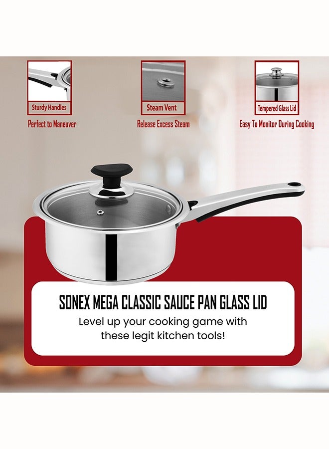 SONEX Mega Stainless Steel Sauce Pan, 18 cm (2 Ltr) with Glass Lid – Ergonomic Cool Handle, Sandwich Bottom, Sleek Modern Appearance, Ideal for Sauces, Soups & More - Image 3