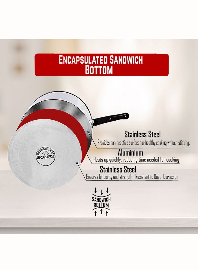 SONEX Mega Stainless Steel Sauce Pan, 18 cm (2 Ltr) with Glass Lid – Ergonomic Cool Handle, Sandwich Bottom, Sleek Modern Appearance, Ideal for Sauces, Soups & More - Image 5