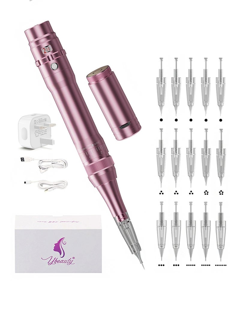 Ybeauty Eyebrow Makeup Tattoo Machine Kit with 15pcs Mixed Cartridges Needles for Shading Eyeliner Lip Microshading（Pink） - Image 1