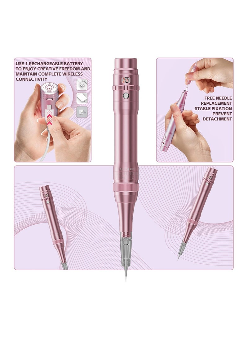 Ybeauty Eyebrow Makeup Tattoo Machine Kit with 15pcs Mixed Cartridges Needles for Shading Eyeliner Lip Microshading（Pink） - Image 4