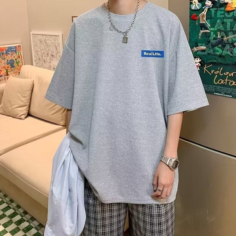 Thin Ice Silk Short-sleeved T-shirt Men's Summer 2024 New Arrival Waffle Casual Loose Half-sleeved Top Clothes Ins Trendy - Image 2