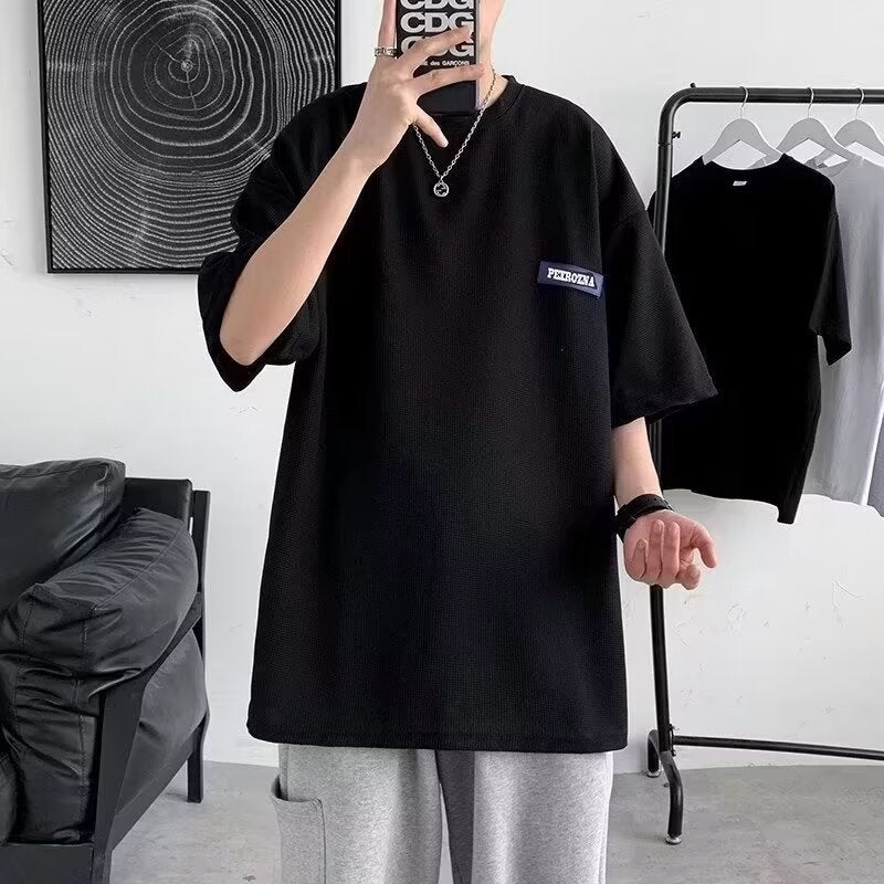 Thin Ice Silk Short-sleeved T-shirt Men's Summer 2024 New Arrival Waffle Casual Loose Half-sleeved Top Clothes Ins Trendy - Image 1