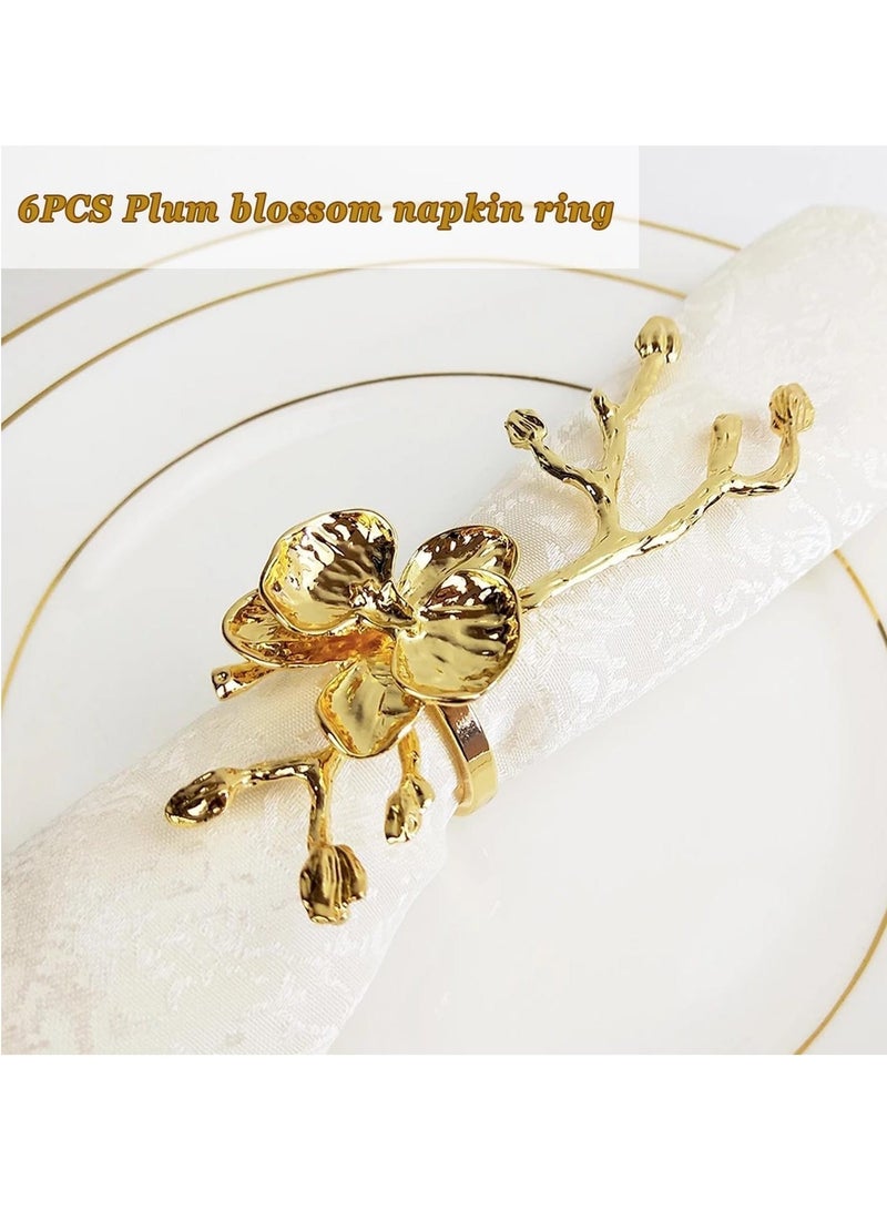 Napkin Rings, Gold Metal Plum Blossom Napkin Rings Cloth Napkin Holder for Weddings, Valentines Day, Holiday, Receptions, Dinner Party, Banquet, Buffet Table Decor 6Pcs, Gold - Image 2