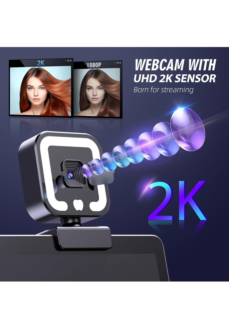 2K Webcam, Web Camera with Microphone and Fill Light, HD Autofocus Computer Camera with Privacy Cover and Tripod Stand Streaming Webcam, USB Plugu0026play Computer Camera for PC Laptop Desktop Video - Image 2