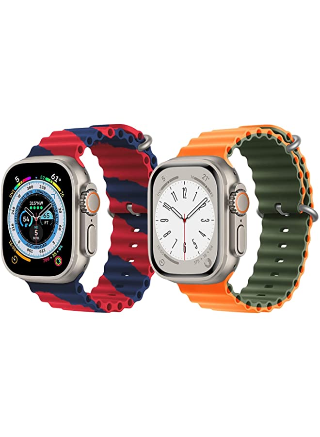 IAF Silicone Ocean Band Strap for Apple Watch Ultra 8 49mm Red/Blue Double Line Strap with Orange/Green Double Side Strap Set of 2
