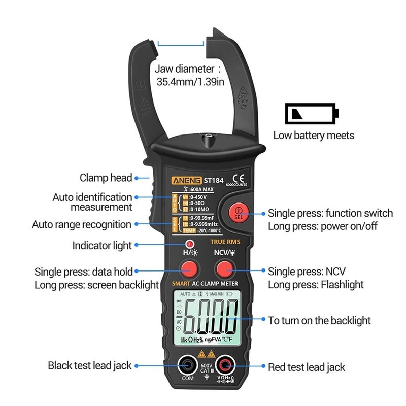ST184 Digital Multimeter Clamp Meter True RMS 6000 Counts Professional Measuring Testers AC/DC Voltage AC Current Ohm(ST184 Black(Box)) - Image 3