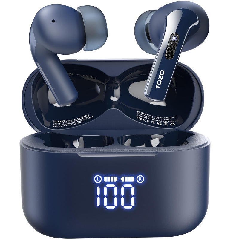 TOZO سماعات أذن لاسلكية TOZO T20 بتقنية بلوتوث مع 48.5 ساعة من وقت التشغيل مع شاشة رقمية LED، مقاومة للماء IPX8، ميكروفون مزدوج لإلغاء الضوضاء، مكبرات صوت بمدى واسع 10 مم مع علبة شحن لاسلكية زرقاء - Image 1