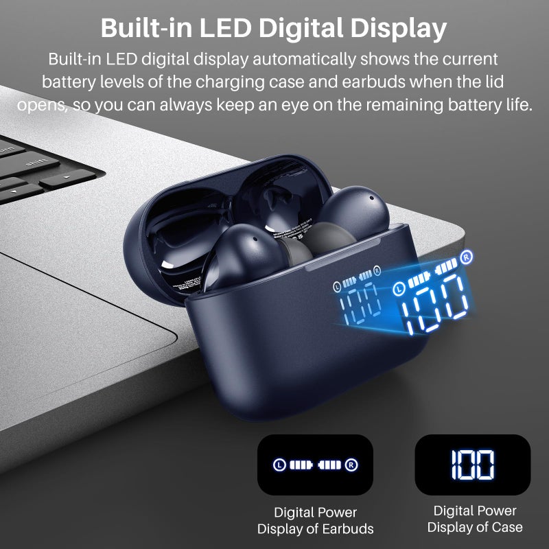 TOZO سماعات أذن لاسلكية TOZO T20 بتقنية بلوتوث مع 48.5 ساعة من وقت التشغيل مع شاشة رقمية LED، مقاومة للماء IPX8، ميكروفون مزدوج لإلغاء الضوضاء، مكبرات صوت بمدى واسع 10 مم مع علبة شحن لاسلكية زرقاء - Image 2