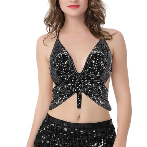 Mocure Women's Sparkly Butterfly Sequin Crop Top - Sleeveless, Sexy, Trendy Halter for Belly Dance & Rave Outfits - Image 2