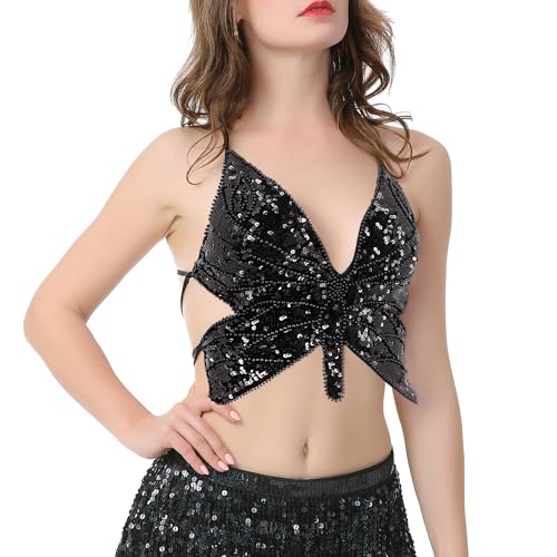 Mocure Women's Sparkly Butterfly Sequin Crop Top - Sleeveless, Sexy, Trendy Halter for Belly Dance & Rave Outfits - Image 3