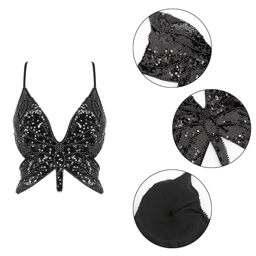 Mocure Women's Sparkly Butterfly Sequin Crop Top - Sleeveless, Sexy, Trendy Halter for Belly Dance & Rave Outfits - Image 5