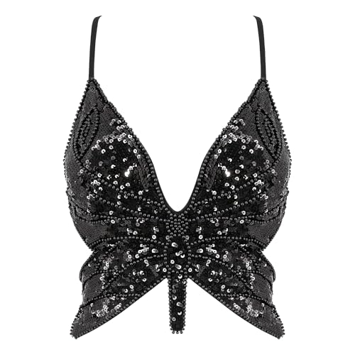 Mocure Women's Sparkly Butterfly Sequin Crop Top - Sleeveless, Sexy, Trendy Halter for Belly Dance & Rave Outfits - Image 1