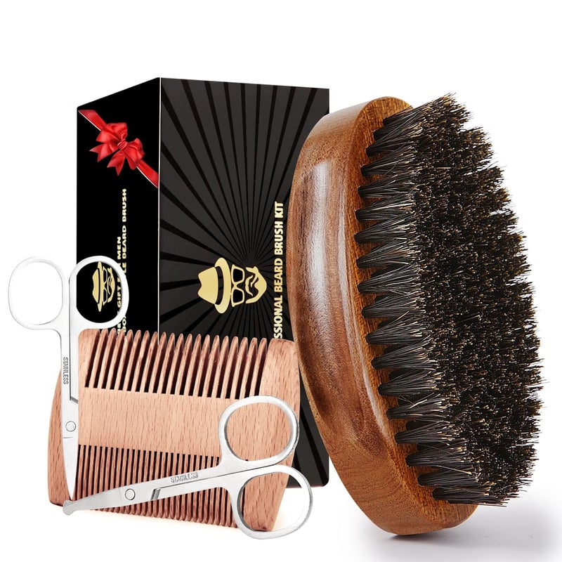 Sosoon Beard Brush for Men 100 Pure Boar Bristle Beard Brush Beard Grooming Set Including Beard Comb 2 Pcs Mustache Scissors and Travel Bag