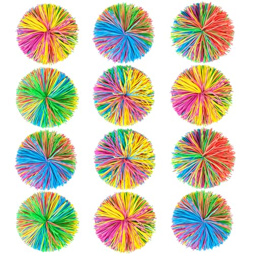 BLOOLILIES 12 Pack Stringy Balls Fidget Toys Sensory Toys Stress Balls Easter Basket Stuffers Rainbow Pom Ball Classroom Party Favors Soft Stretch Elastic Ball for Boys Girls Ages 3 Birthday Gift - Image 1