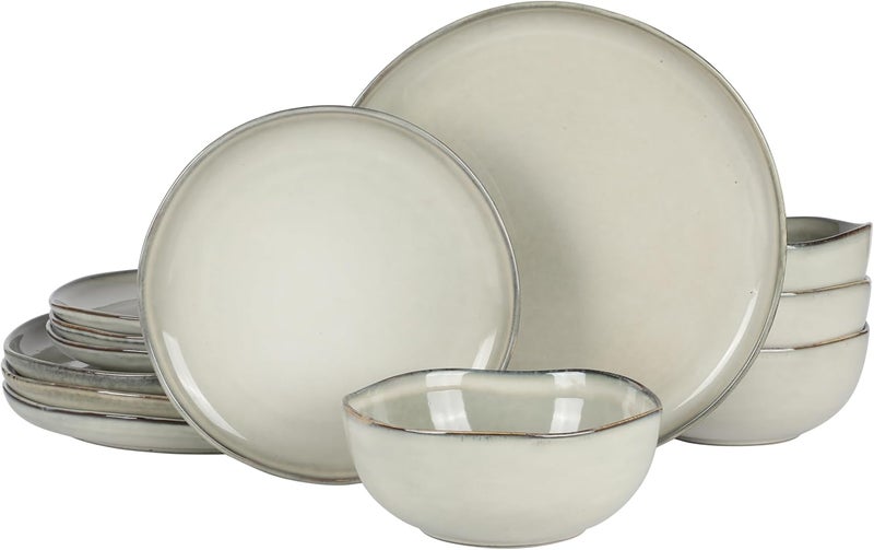 Gibson Soho Lounge Nardini 12 Piece Service for 4 Plates and Bowls Reactive Glaze Dishes Stoneware Ceramic Dinnerware Set  Moon White - Image 1
