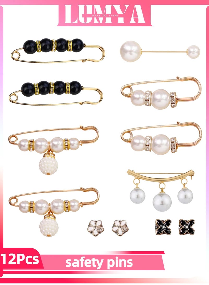 LUMYA 12 Pcs Decorative Safety Pins, Pearl and Rhinestone Brooch Pins for Women, Decorative Pins for Clothing, Elegant Brooch Pins, Fashion Pins for Women, Hijab Accessories, Waist Clips for Pants, Sweaters, Scarves, Headscarves, DIY Fashion Accessories  - Image 1