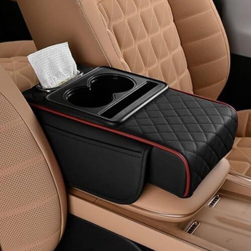 Genaric Multifunctional Car Center Console Cover with Comfort Cushion, Cup Holder, Tissue Box, and Side Pockets for Enhanced Armrest Support - Black& Red - Image 1