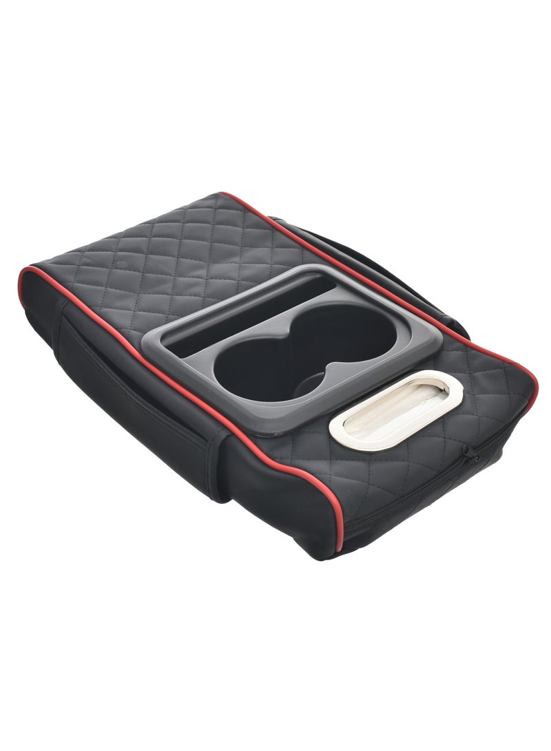 Genaric Multifunctional Car Center Console Cover with Comfort Cushion, Cup Holder, Tissue Box, and Side Pockets for Enhanced Armrest Support - Black& Red - Image 2