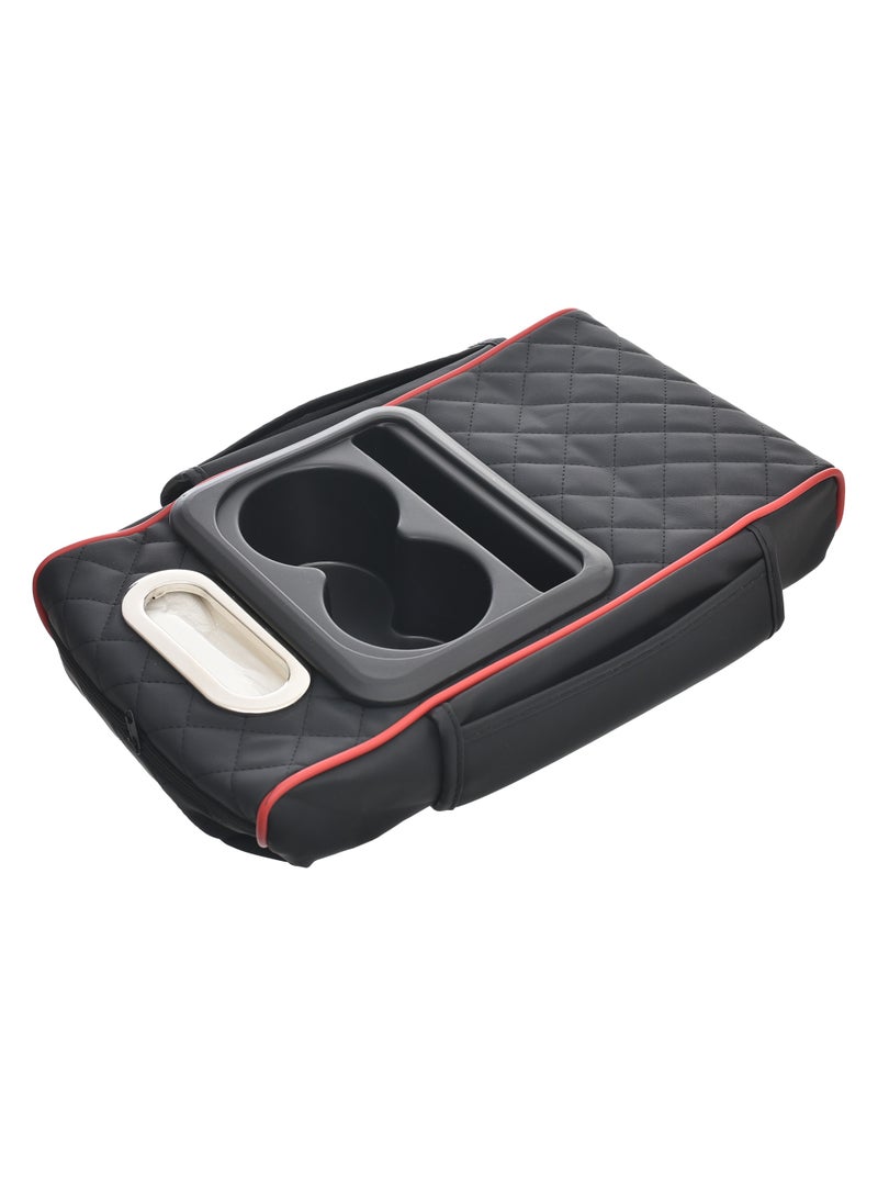 Genaric Multifunctional Car Center Console Cover with Comfort Cushion, Cup Holder, Tissue Box, and Side Pockets for Enhanced Armrest Support - Black& Red - Image 3