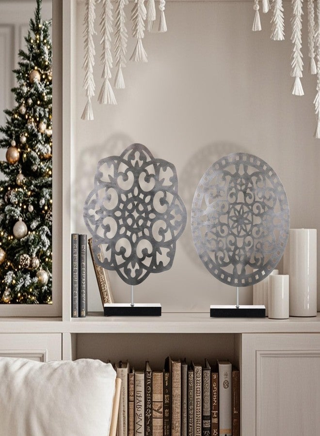 Shimeyao 2 Pack Metal Carved Cutout Flower Medallion Sculpture Retro Distressed White Tabletop Decor for Cabinets, Home, Mantel, Living Room, Bedroom, Office Desktop - Image 4