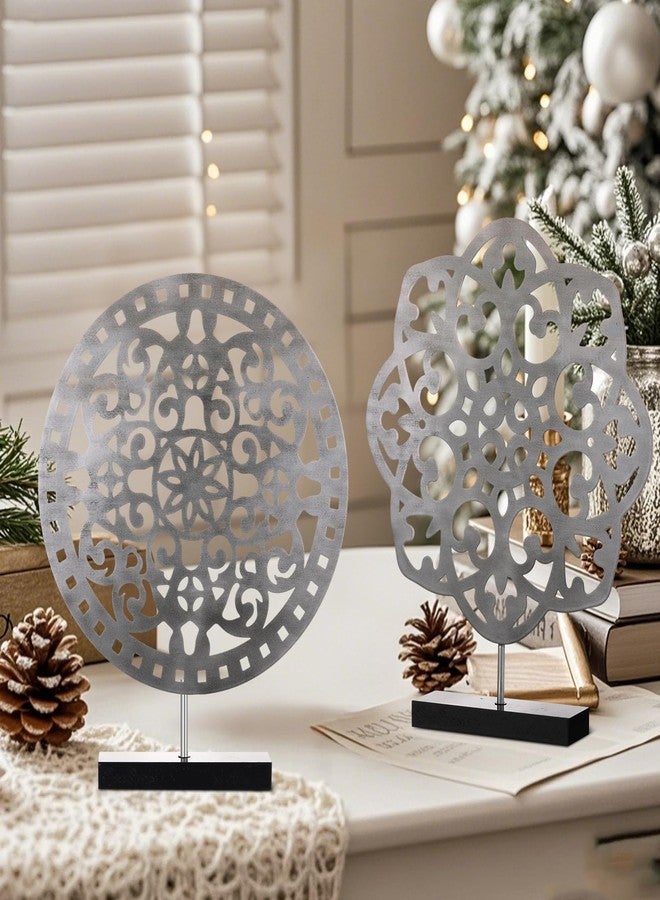 Shimeyao 2 Pack Metal Carved Cutout Flower Medallion Sculpture Retro Distressed White Tabletop Decor for Cabinets, Home, Mantel, Living Room, Bedroom, Office Desktop - Image 2