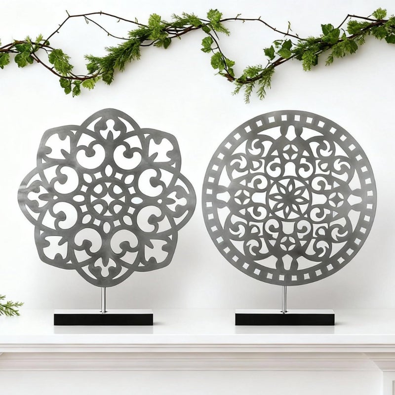 Shimeyao 2 Pack Metal Carved Cutout Flower Medallion Sculpture Retro Distressed White Tabletop Decor for Cabinets, Home, Mantel, Living Room, Bedroom, Office Desktop - Image 1