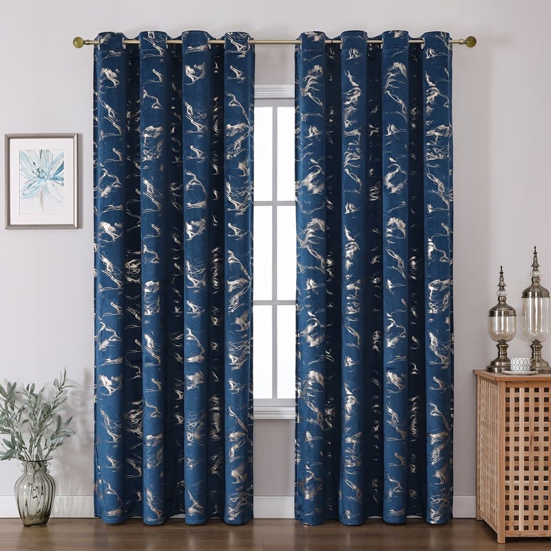 Blue Gold Velvet Marble Gilded Curtain 132x160cm for Living Room - Image 2
