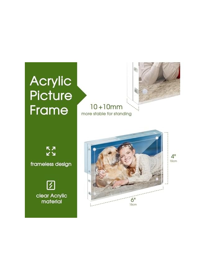The Bros Acrylic Picture Frame 4x6, Acrylic Frame 3 Pack Horizontal Magnet Double Sided Picture Frame, Free Standing Desktop Acrylic Photo Frame Display, Picture Frame, 10+10mm Thickness Clear Magnetic - Image 2